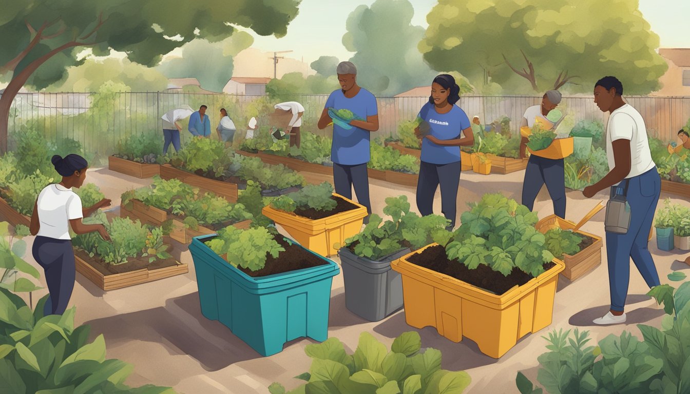 A diverse group of people in El Monte, CA, working together to compost in a community garden, surrounded by small-scale composting bins and lush greenery