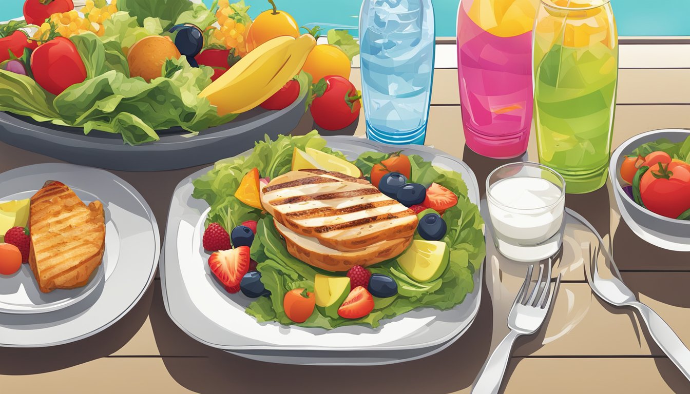 A colorful array of fresh fruits and vegetables arranged next to a grilled chicken salad, a yogurt parfait, and a bottle of water at a McDonald's restaurant