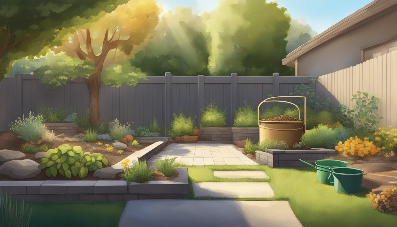 A backyard in El Cajon, CA with a compost bin, a shovel, and various organic materials being layered and turned. Sunlight filters through the trees