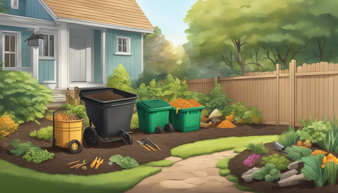 A backyard with a compost bin, garden tools, and a variety of organic waste being added to the compost pile