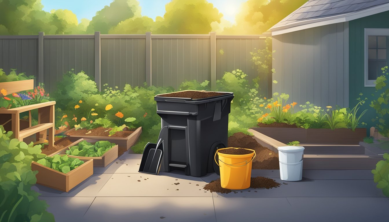 A sunny backyard with a compost bin, shovel, and various organic waste materials spread out on the ground. A small garden is visible in the background