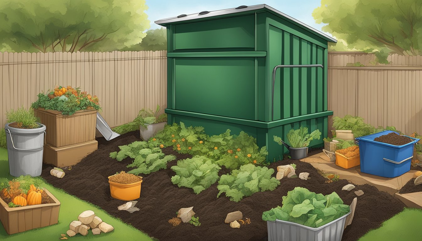 A backyard compost bin surrounded by kitchen scraps, yard waste, and a variety of organic materials in Elk Grove, CA