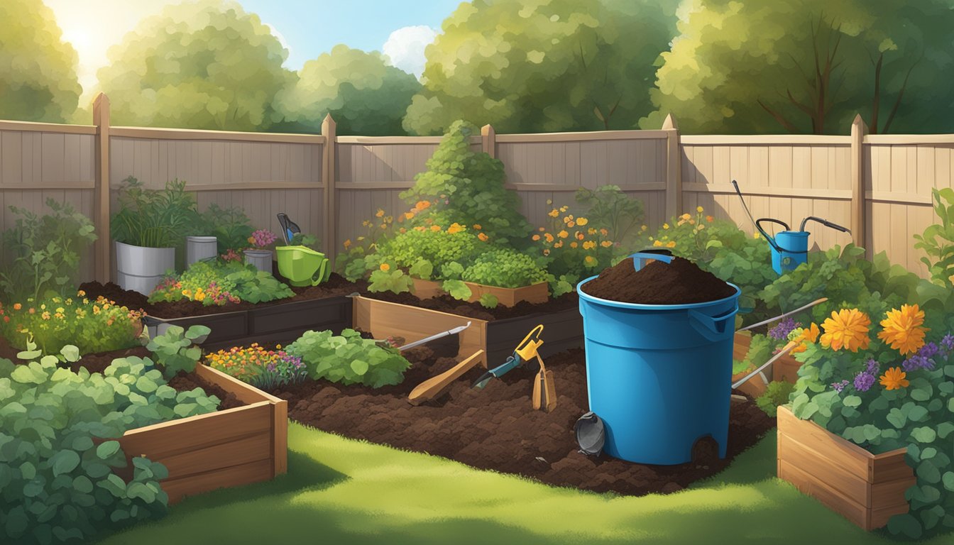 A backyard with a compost bin, gardening tools, and a variety of organic materials being added to the compost pile