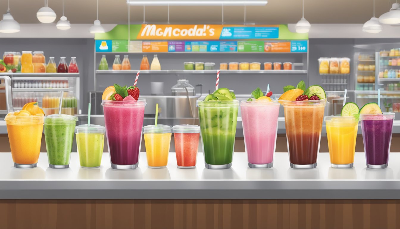 A colorful array of fresh fruit smoothies and salads displayed next to a variety of bottled water and unsweetened iced tea at a McDonald's counter