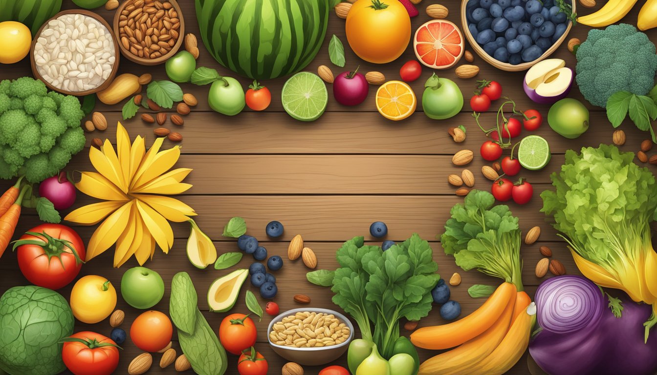 A colorful array of fresh fruits and vegetables arranged on a wooden table, with a variety of nuts and seeds scattered around