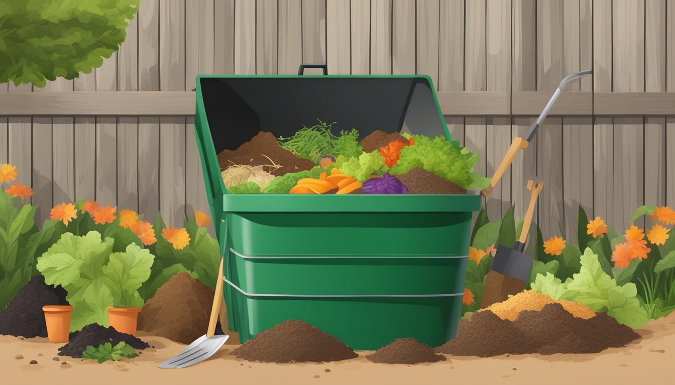 A backyard compost bin surrounded by various types of organic waste and a shovel