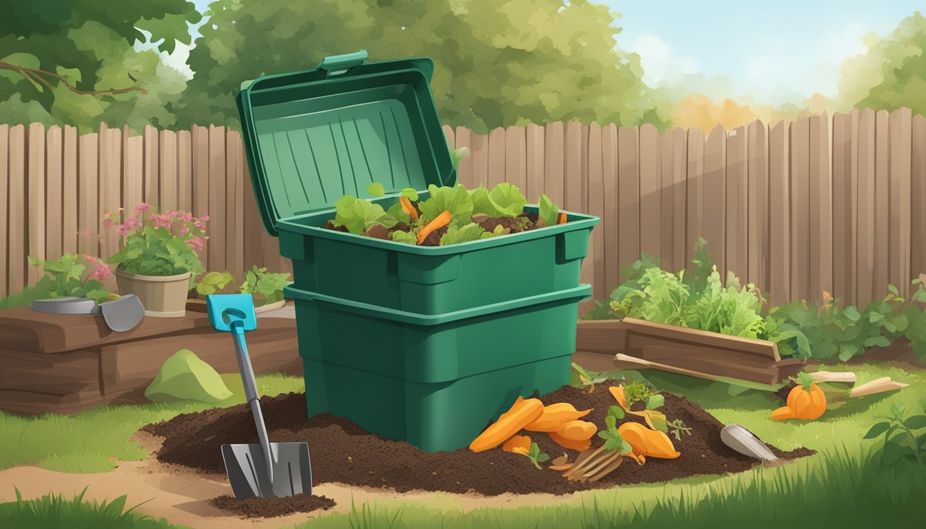 A backyard compost bin surrounded by various kitchen scraps and yard waste, with a shovel and gardening gloves nearby