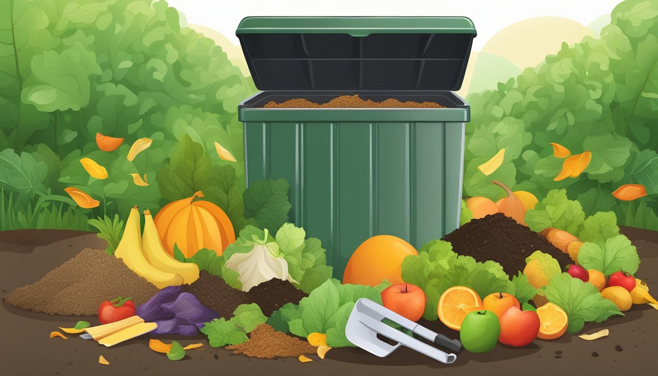 A backyard compost bin surrounded by a variety of organic waste, such as fruit peels, vegetable scraps, and garden clippings, with a shovel and composting guide nearby