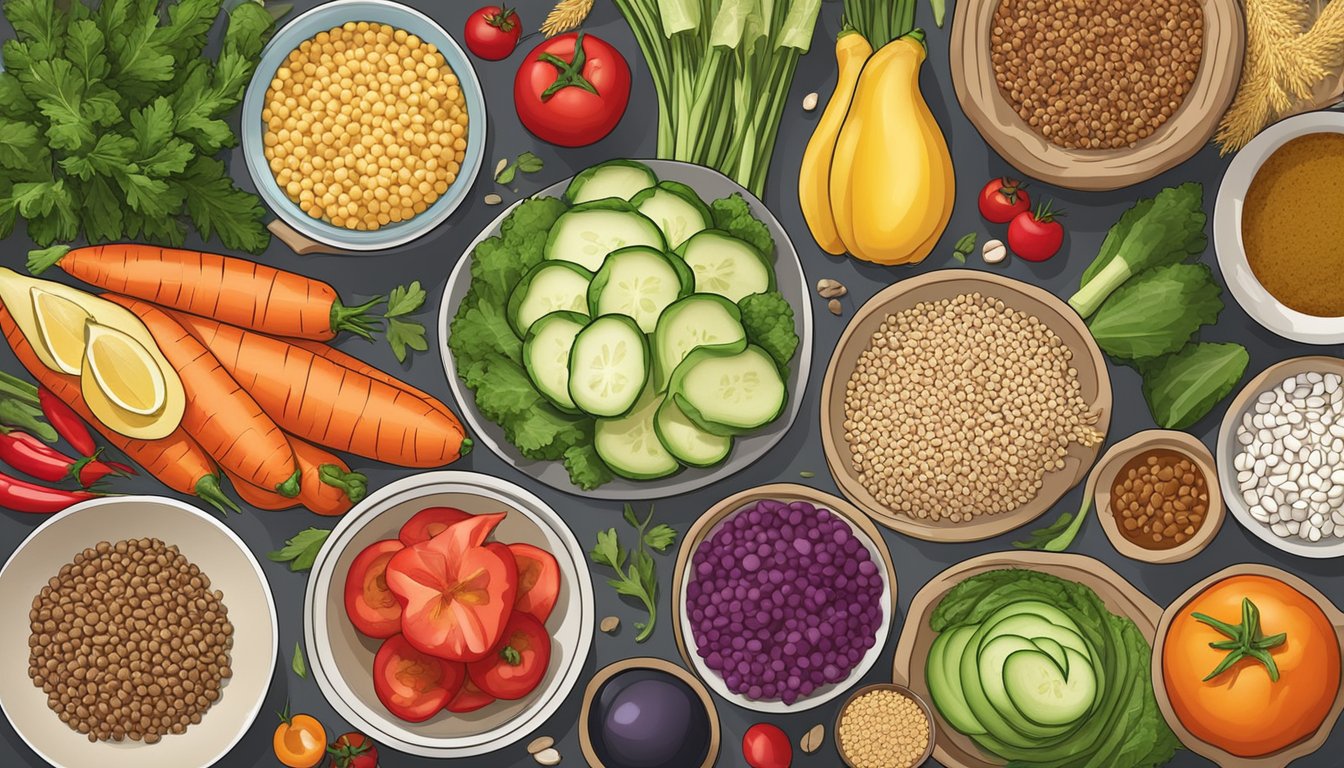 A colorful array of fresh vegetables, lean proteins, and whole grains arranged on a plate, with a variety of healthy condiments and seasonings nearby