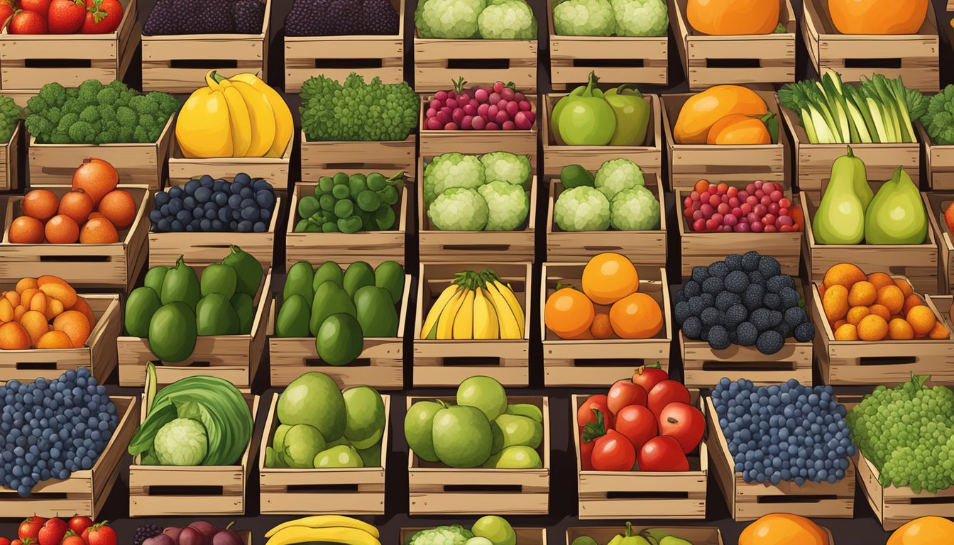 A colorful array of fresh fruits and vegetables displayed on wooden crates at a local farmer's market