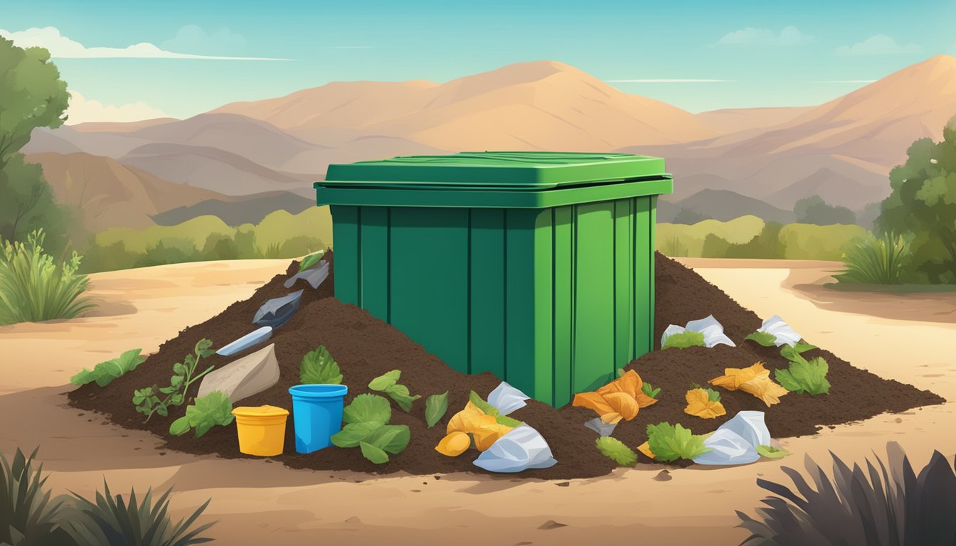 A compost bin surrounded by various recyclable materials, with a separate area for composting, set against the backdrop of El Cajon, CA