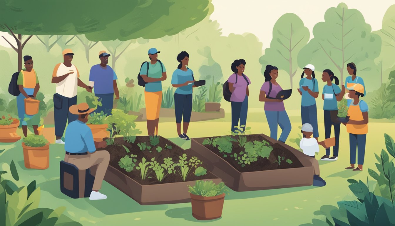 A group of diverse community members gather in a park to learn about composting. They are surrounded by lush greenery and are actively engaged in hands-on demonstrations