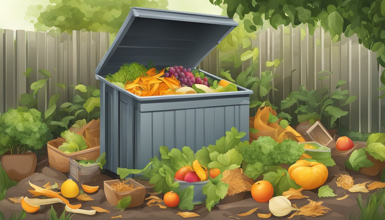 A backyard compost bin surrounded by a variety of organic waste, including fruit peels, vegetable scraps, and yard clippings