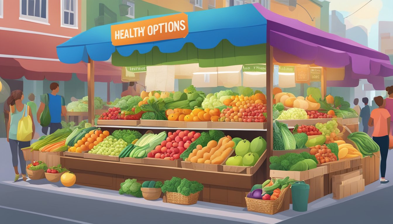 A colorful array of fresh fruits, vegetables, and lean proteins displayed on a vibrant market stall, with a sign indicating "Healthy Options Nearby."