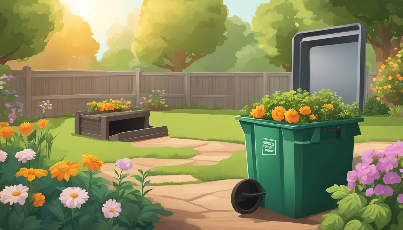 A backyard in Elk Grove, CA with a compost bin, gardening tools, and a guide to composting. The sun is shining, and there are trees and flowers in the background