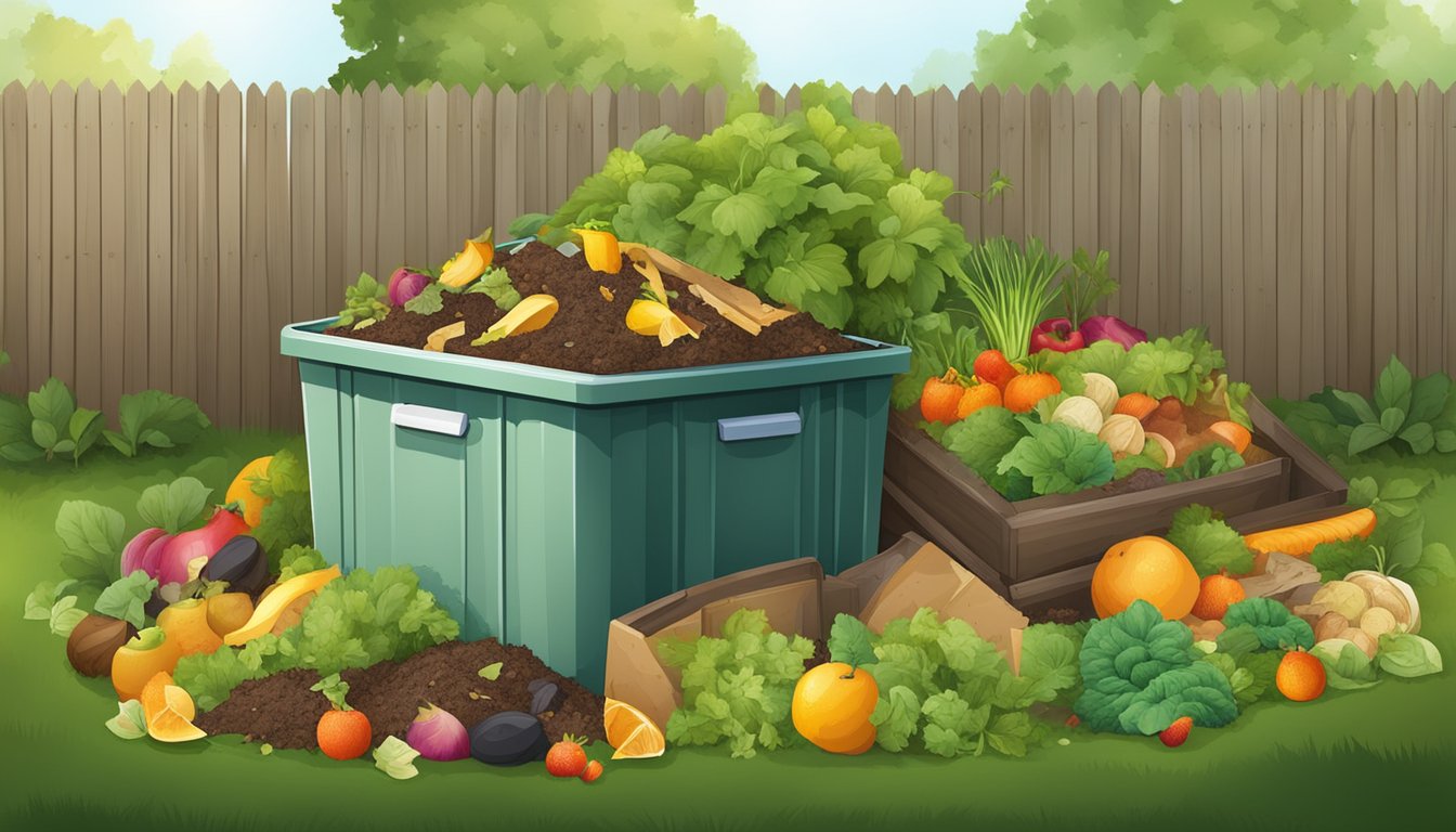 A backyard compost bin surrounded by a variety of organic waste materials, including fruit and vegetable scraps, leaves, and grass clippings