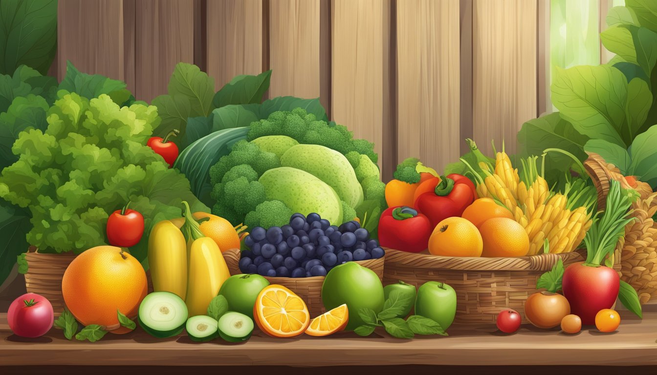 A colorful array of fresh fruits and vegetables displayed on a wooden table, surrounded by vibrant green leaves and a basket of whole grains