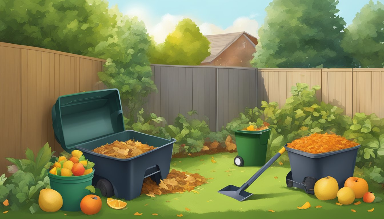 A backyard with a compost bin, a shovel, and various organic waste materials such as fruit peels, leaves, and grass clippings