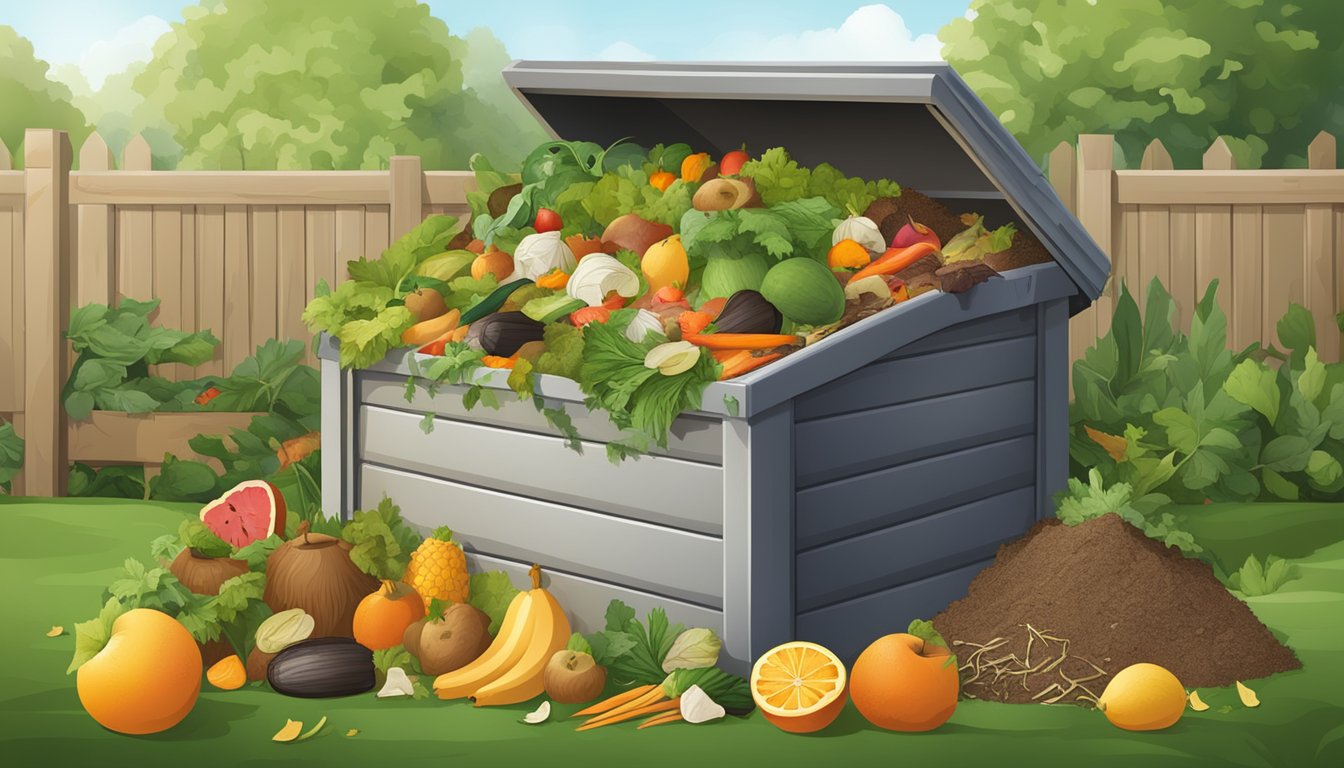 A backyard compost bin surrounded by a variety of organic waste, including fruit and vegetable scraps, leaves, and grass clippings