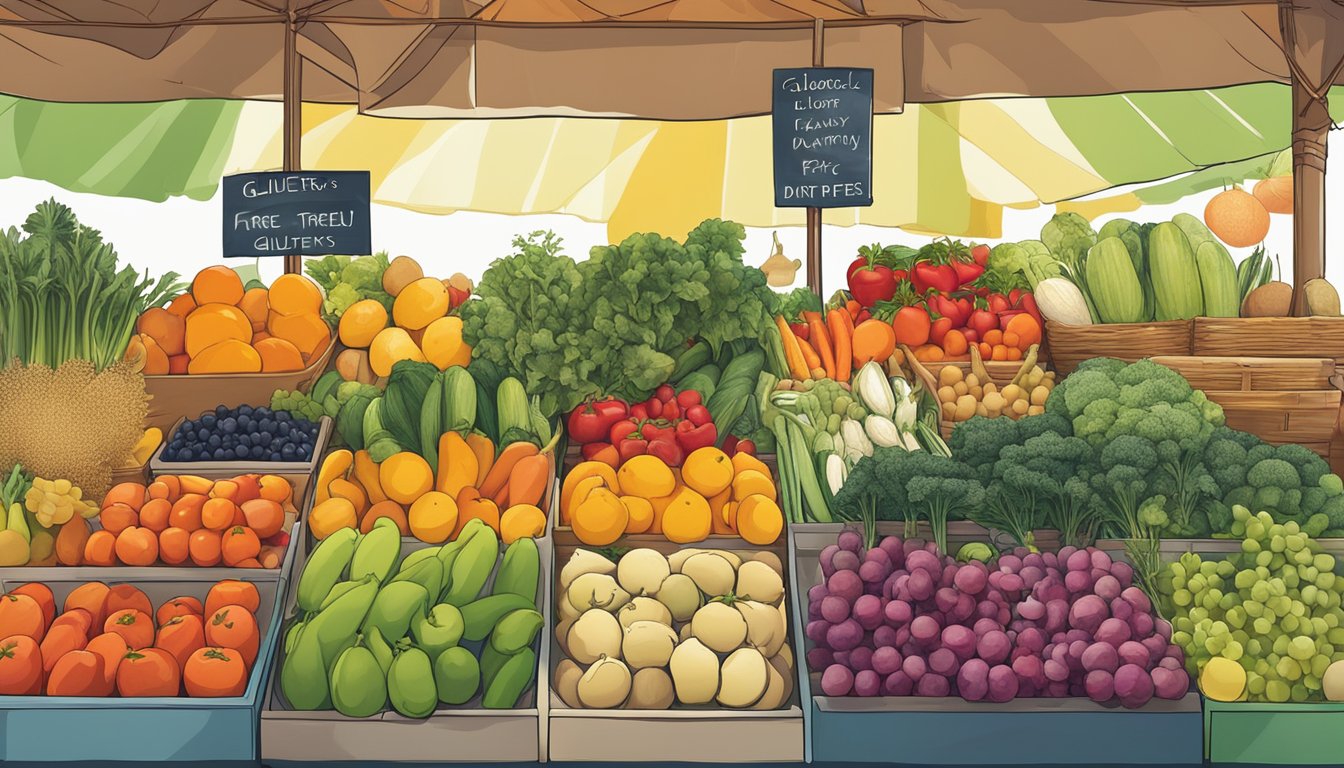 A colorful array of fresh fruits and vegetables displayed at a farmer's market, with signs indicating gluten-free, dairy-free, and other specific dietary options