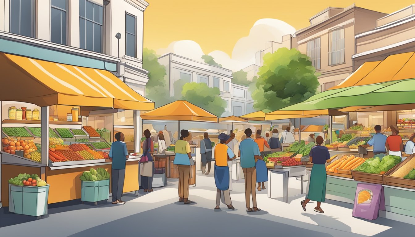 A bustling outdoor market with colorful stalls offering fresh fruits, vegetables, and whole grain products. A juice bar and salad stand attract health-conscious customers