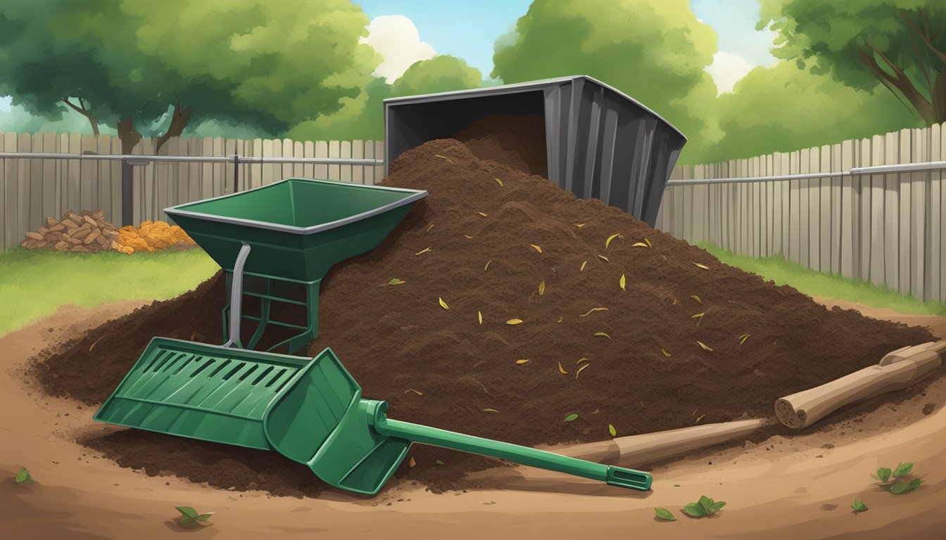 A backyard compost pile with a mix of green and brown materials, a pitchfork turning the pile, and a bin of finished compost nearby