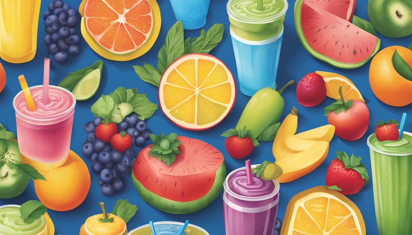 A colorful array of fresh fruits and vegetables surround a vibrant display of customizable healthy drink options at a bustling Dutch Bros cafe