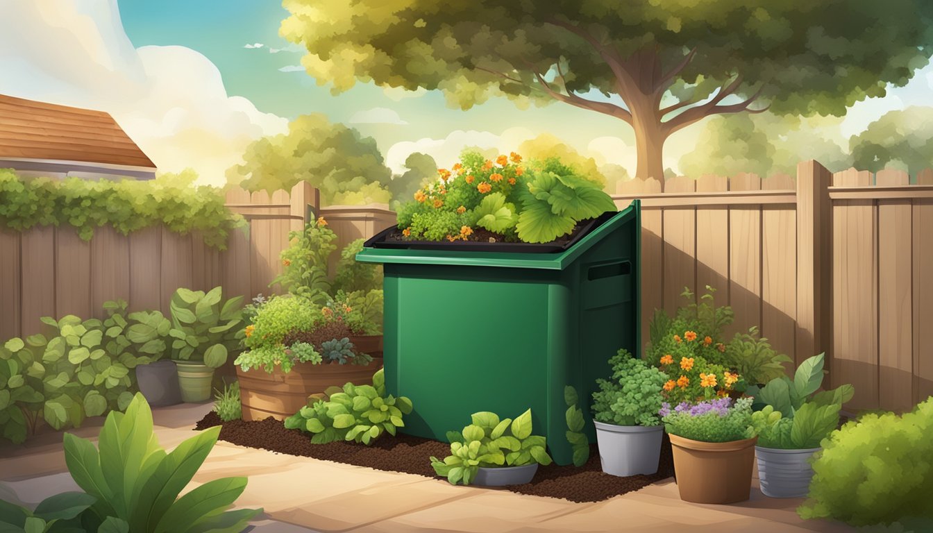 A backyard compost bin with a mix of green and brown materials, surrounded by a garden with various plants and a sunny sky overhead