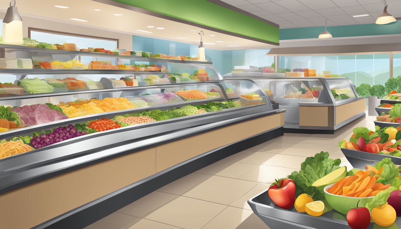 A bustling deli counter with fresh salads, sandwiches, and wraps displayed. Colorful fruits and vegetables add to the inviting and healthy atmosphere