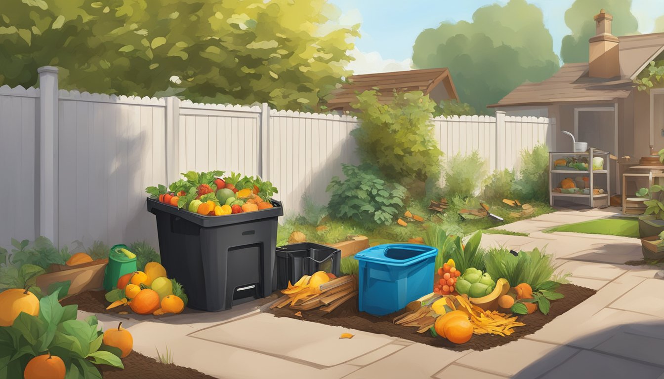 A backyard in Fontana, CA with a compost bin, garden tools, and various organic materials like fruit peels, leaves, and grass clippings piled nearby