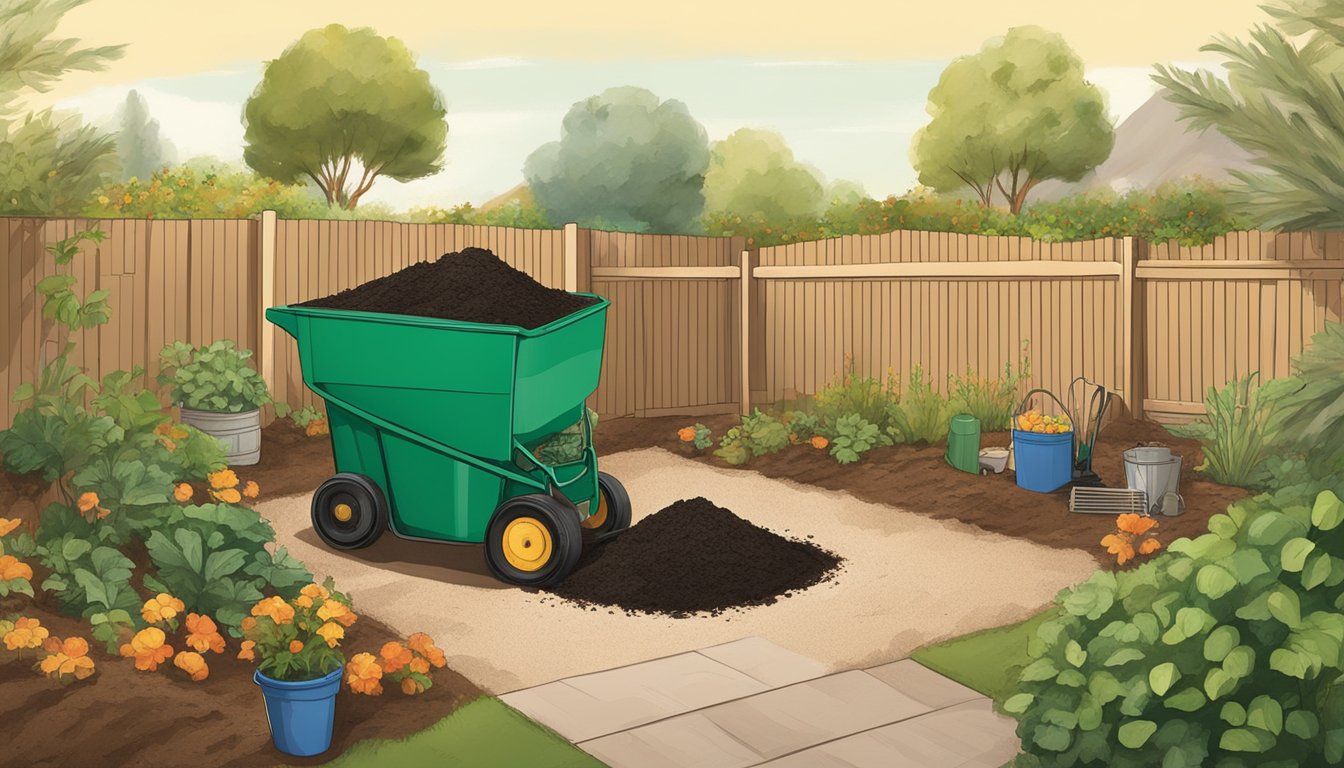 A backyard in Escondido, CA with a compost bin, shovel, and various organic waste materials being layered to start a compost pile