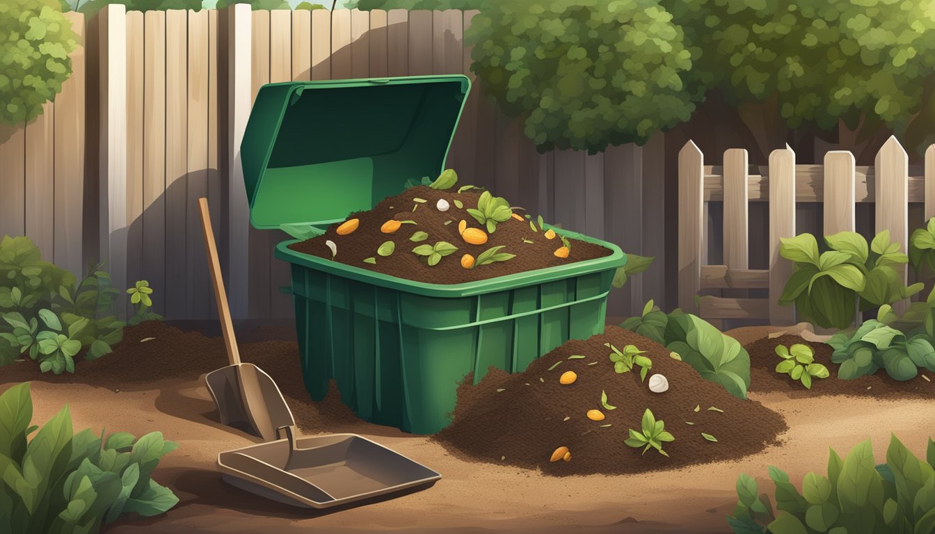 A backyard compost pile with a mix of green and brown organic materials, surrounded by a wooden bin and a shovel