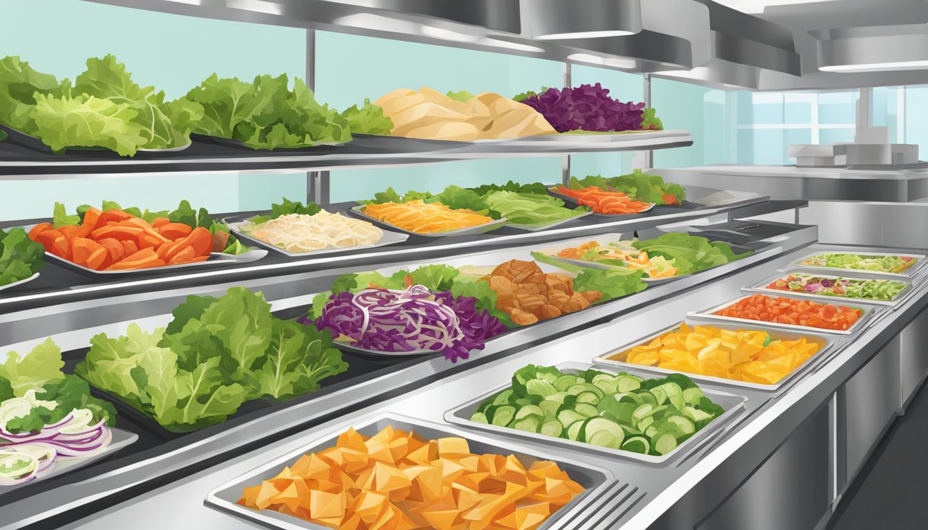 A colorful array of fresh salads, grilled chicken, and vegetable wraps displayed on a clean, modern deli counter