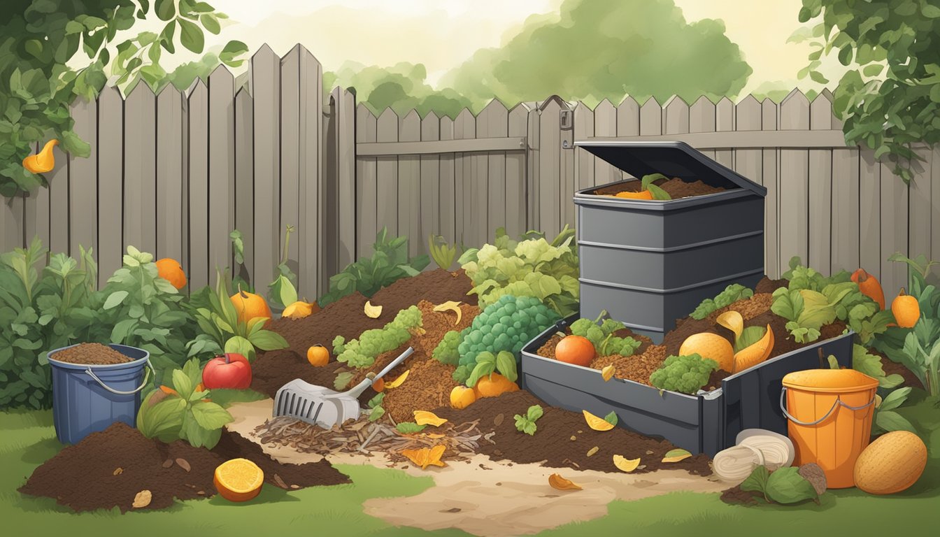 A backyard compost bin surrounded by a variety of organic waste, such as fruit peels, vegetable scraps, and yard clippings. A small shovel and gardening gloves are nearby