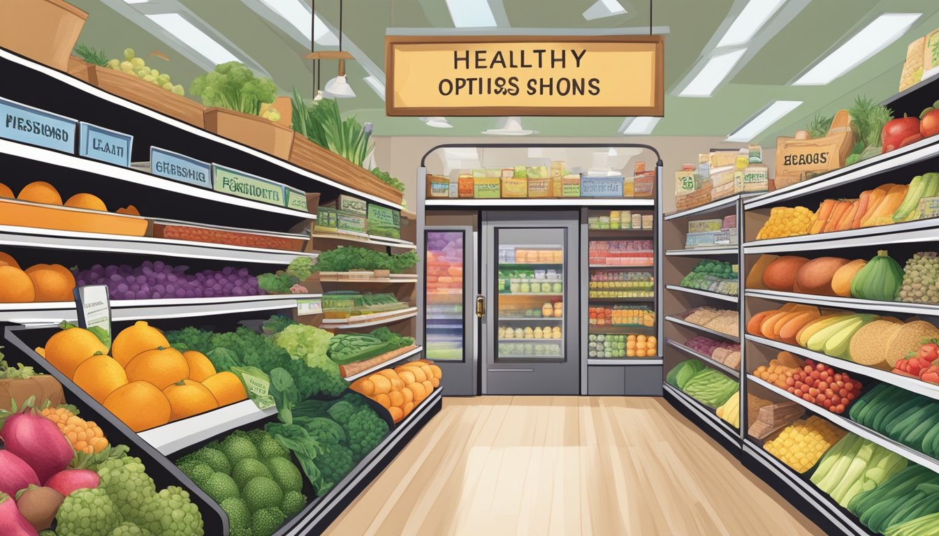 A bright, spacious store with shelves stocked with colorful fruits, vegetables, whole grains, and lean proteins. A sign above the entrance reads "Healthy Options."