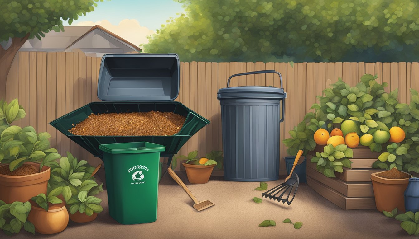 A backyard in Fontana, CA with a compost bin, shovel, and various organic materials such as fruit peels, leaves, and coffee grounds