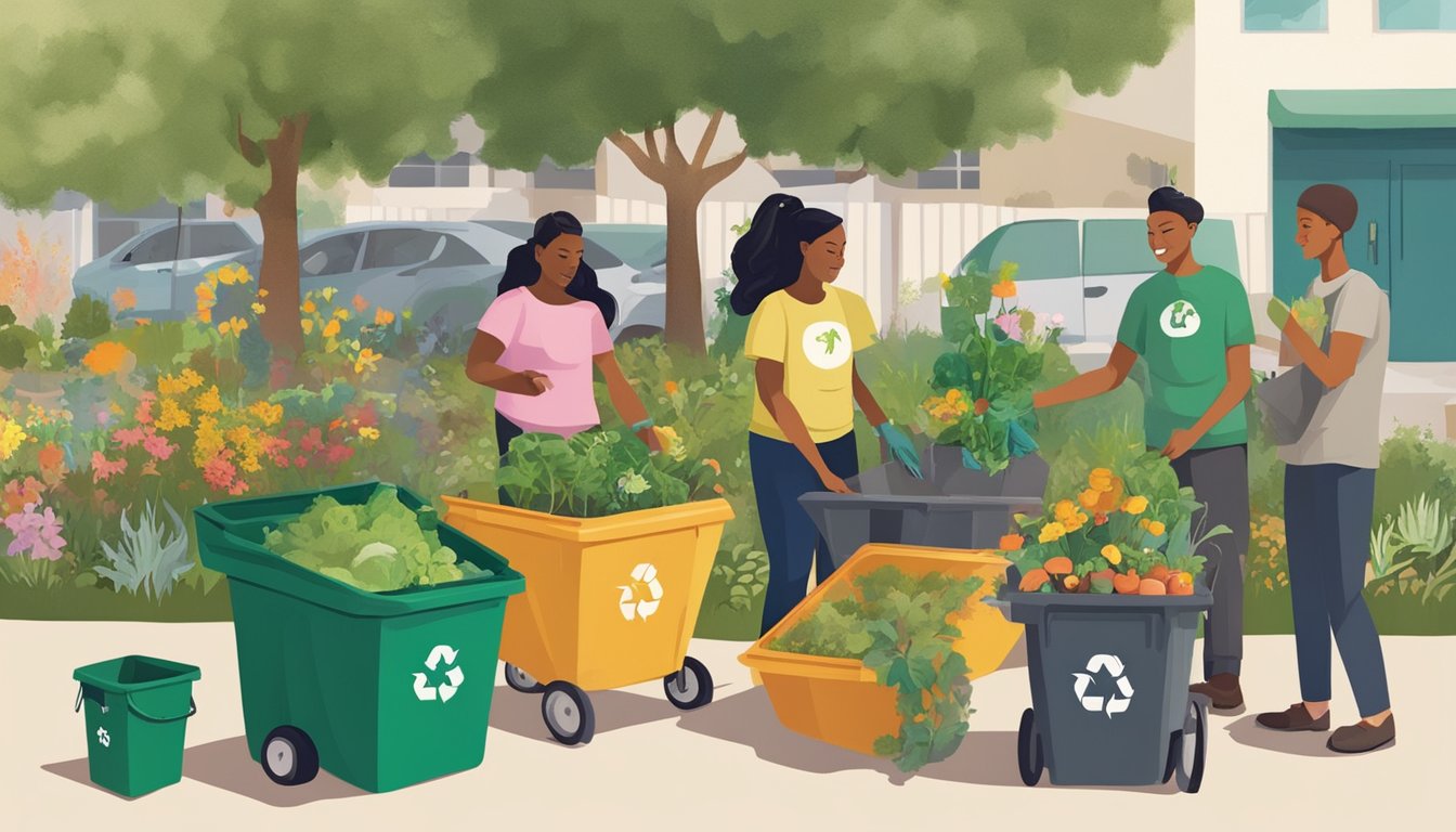 A group of people in Escondido, CA, gather to compost, surrounded by community gardens and recycling bins. They work together to create a sustainable environment