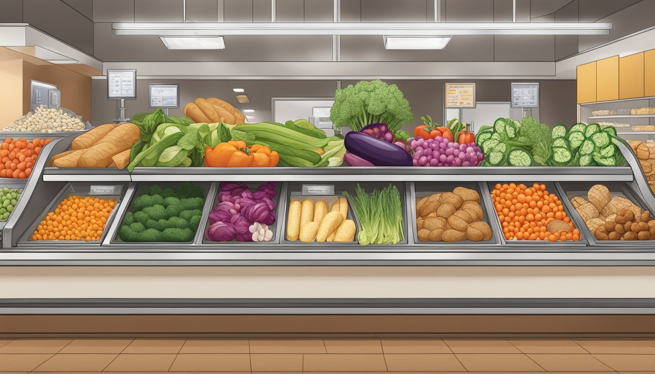 A colorful array of fresh vegetables and lean proteins arranged on a deli counter, with a variety of whole grain bread options displayed nearby