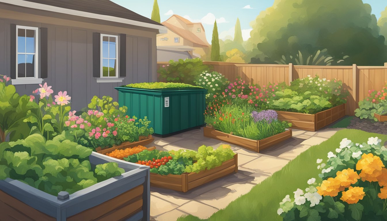 A backyard in Fairfield, CA with a compost bin surrounded by thriving vegetable and flower gardens. The sun shines down on the flourishing plants, showcasing the economic benefits of composting