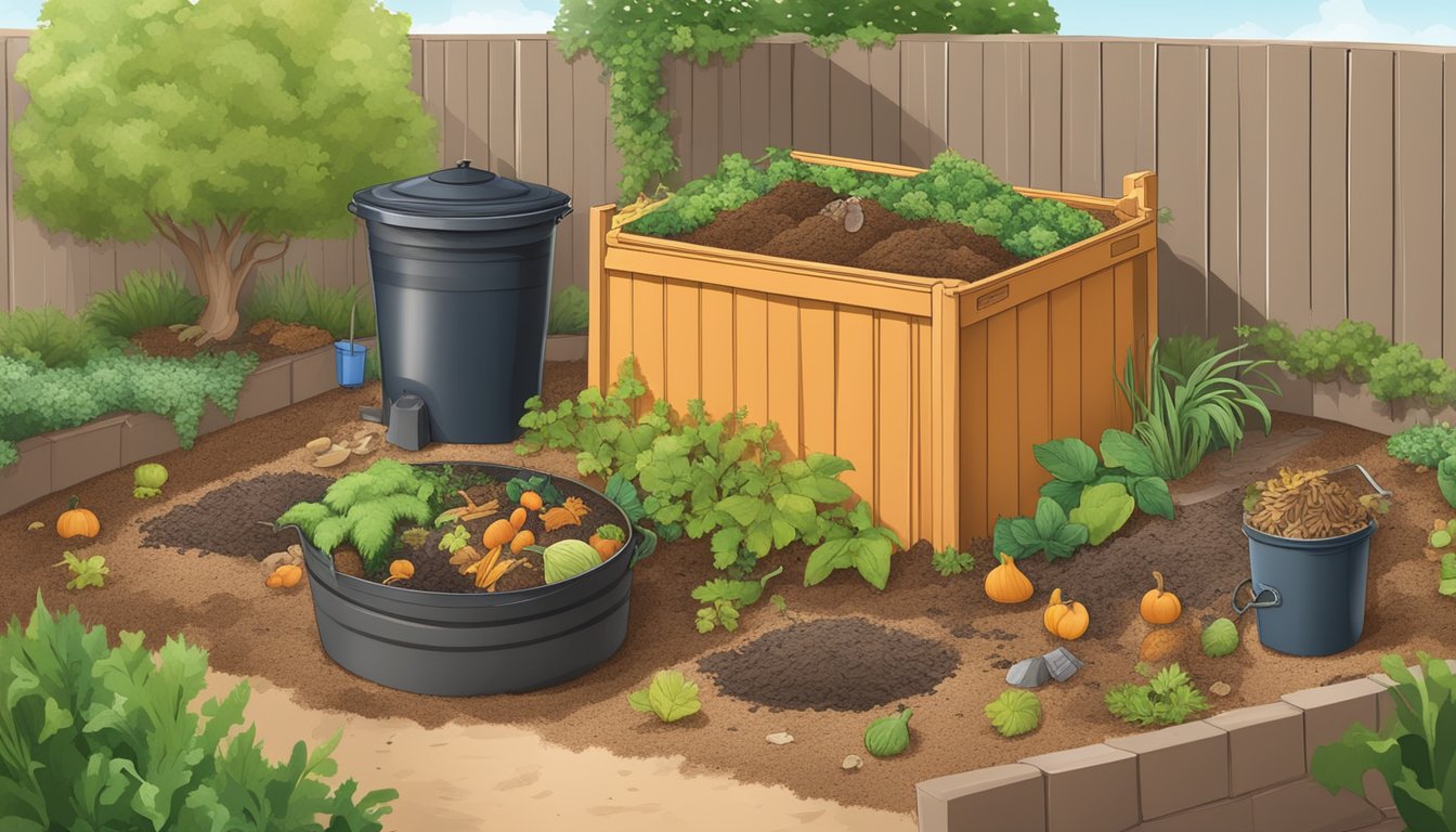 A backyard compost bin surrounded by various organic waste materials, with a small garden nearby in Escondido, CA