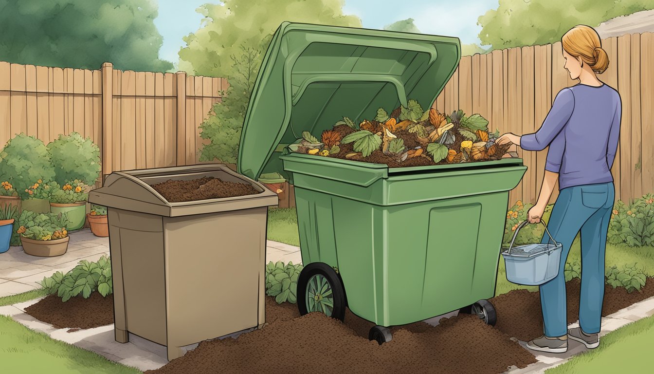 A person placing food scraps and yard waste into a compost bin in a backyard garden in Fairfield, CA