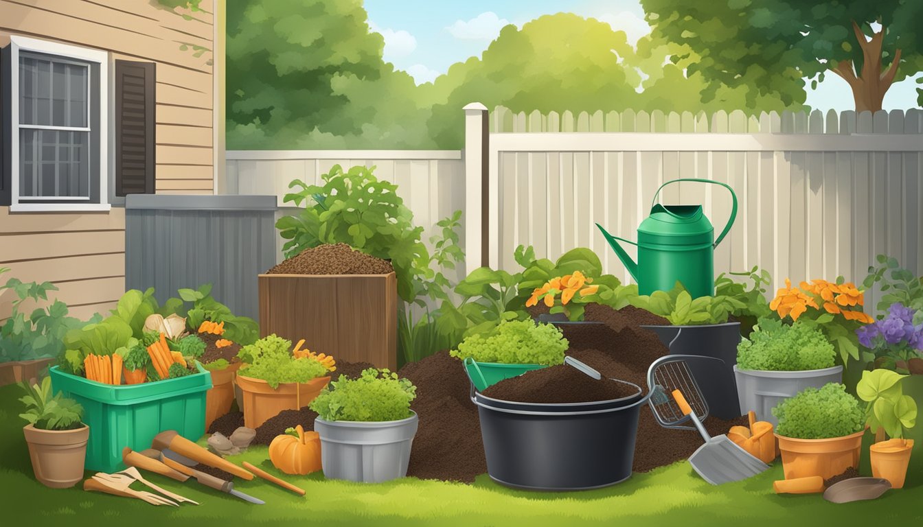 A backyard compost bin with a mix of food scraps, yard waste, and soil, surrounded by gardening tools and a watering can