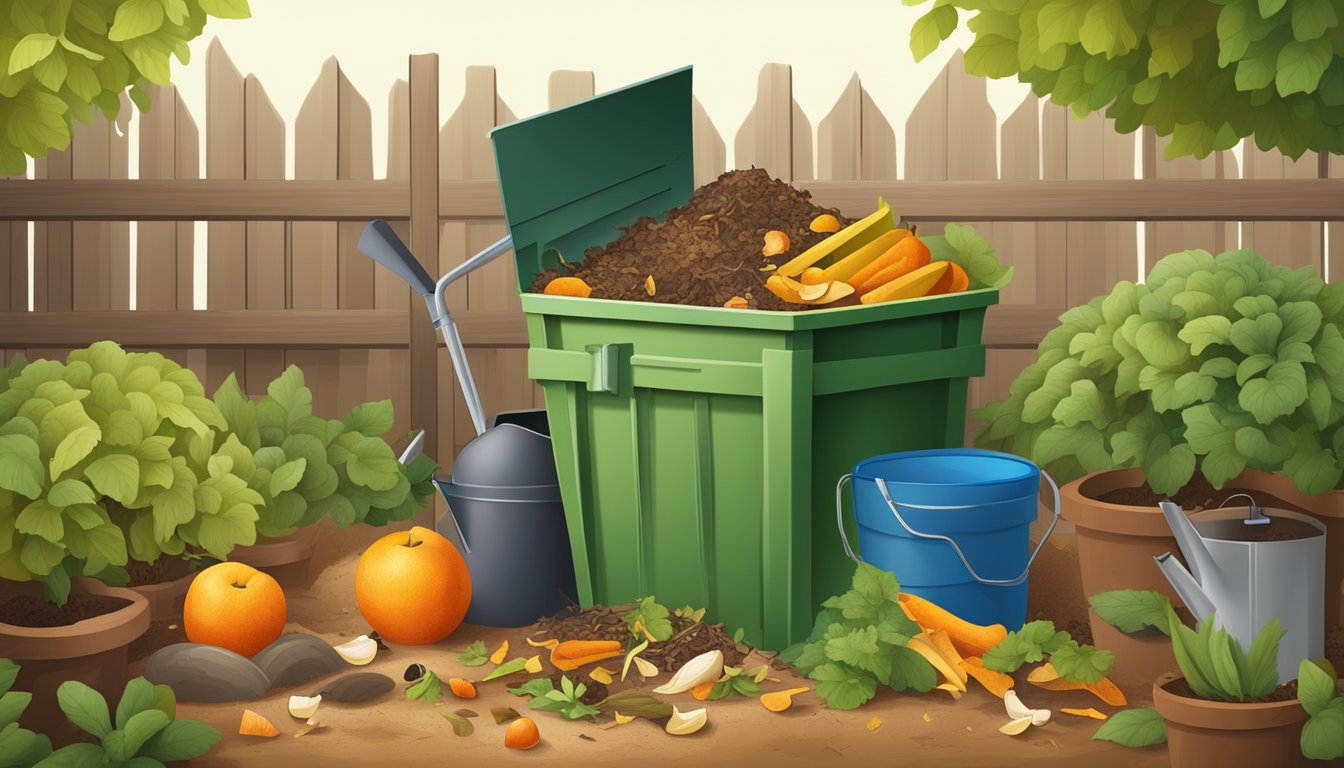 A backyard compost bin surrounded by a variety of organic waste, including fruit peels, vegetable scraps, and dry leaves. A small garden trowel and watering can sit nearby