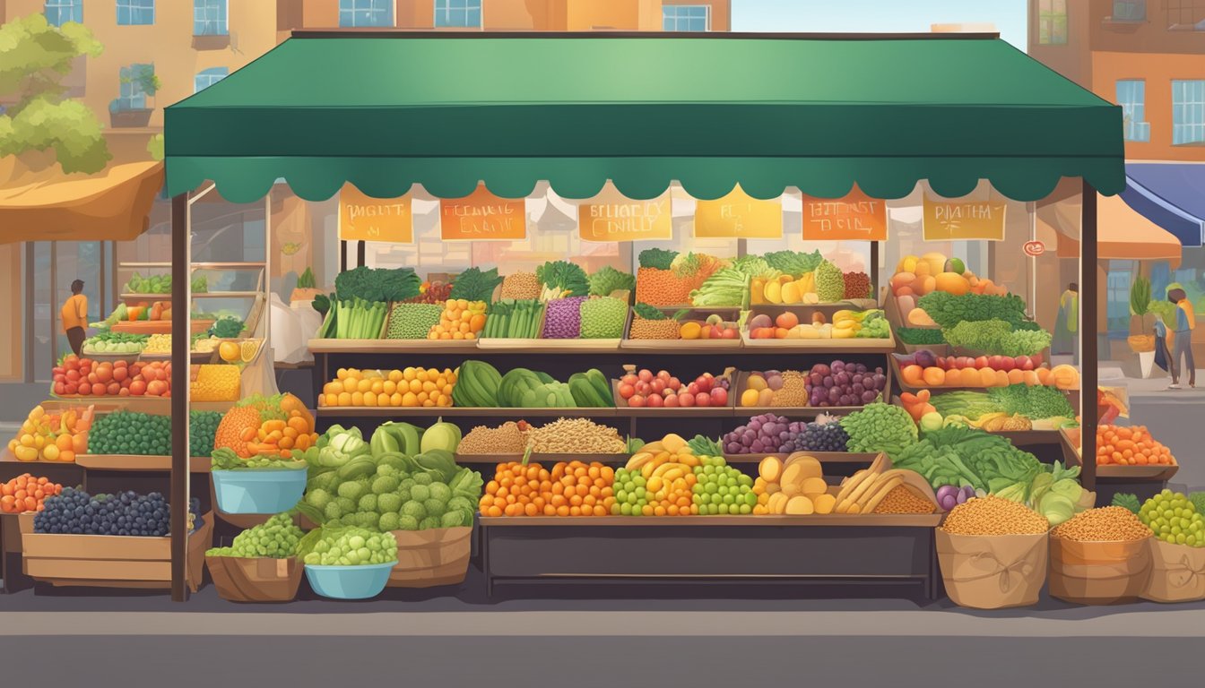 A vibrant market stall filled with colorful fruits, vegetables, and whole grains, surrounded by signs promoting the benefits of healthy eating