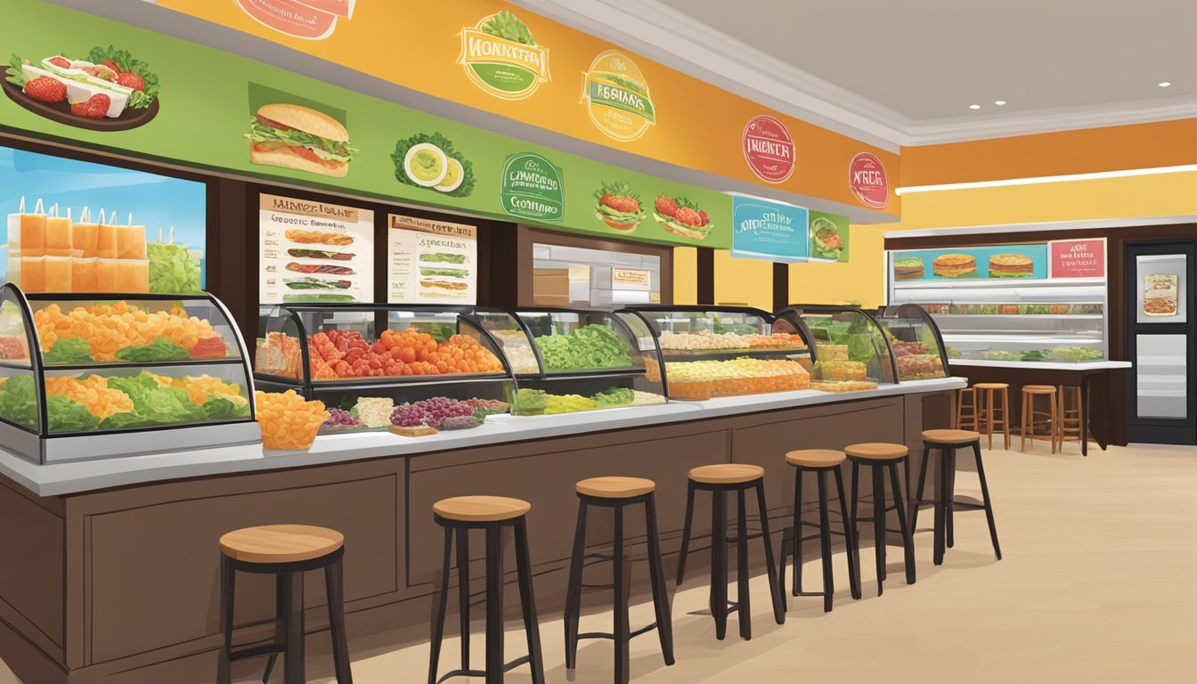 A colorful display of fresh salads, sandwiches, and fruit cups at McAlister's Deli, surrounded by vibrant signage promoting healthy options and indulgent treats