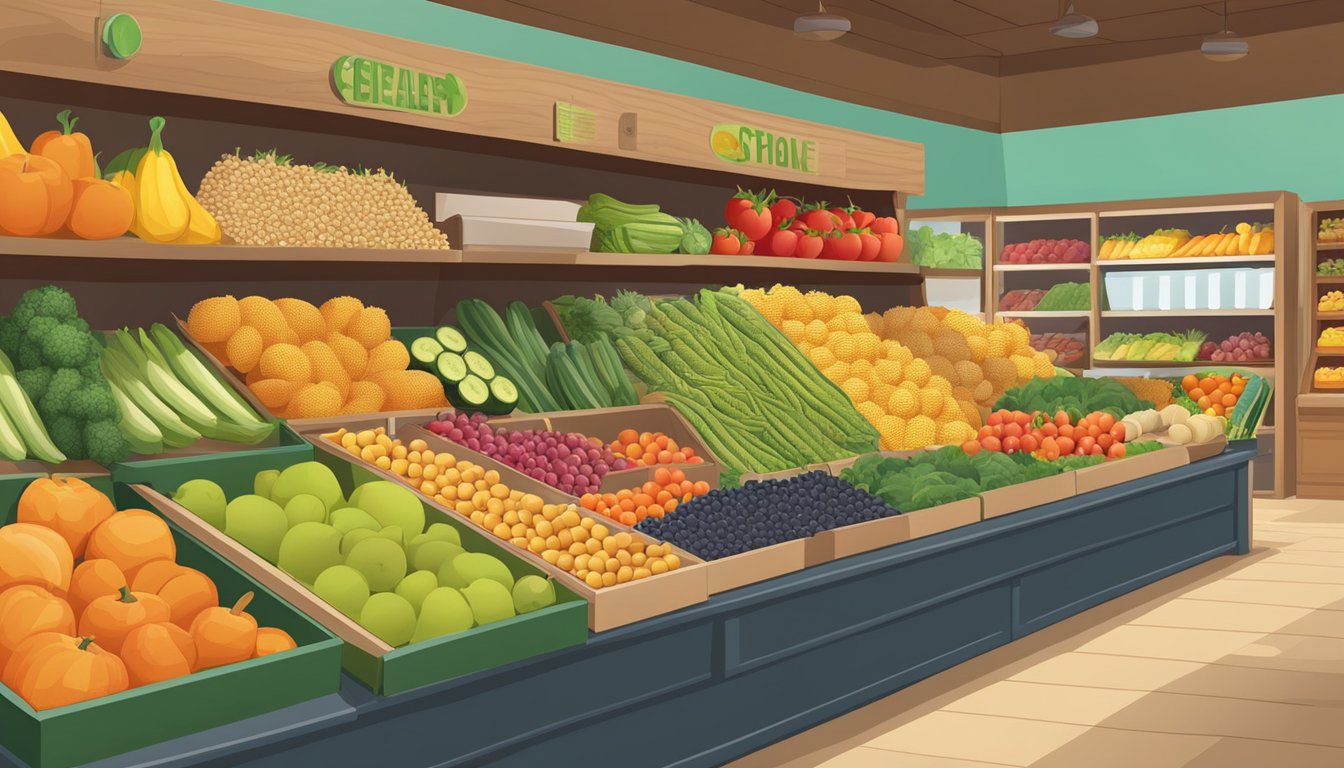 A colorful array of fresh fruits, vegetables, and whole grains displayed in a bright, inviting store setting