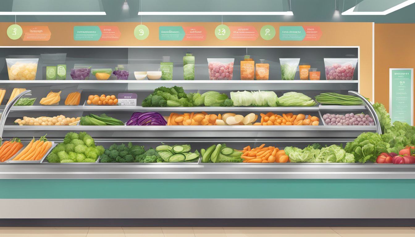 A variety of fresh, colorful vegetables and lean proteins displayed on a clean, modern deli counter. Bright signage highlights healthy menu options