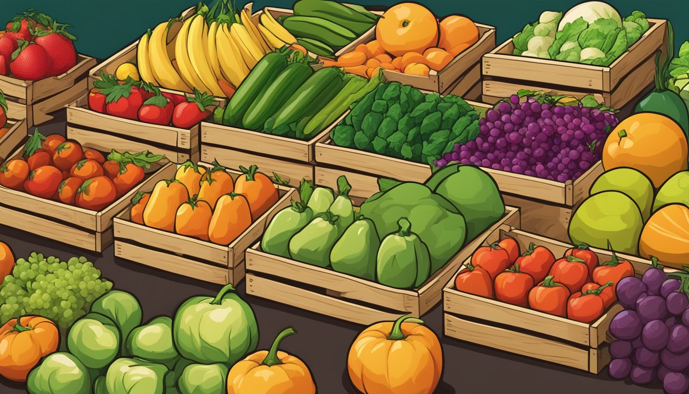 A colorful array of fresh fruits and vegetables displayed on wooden crates at a market in Manila