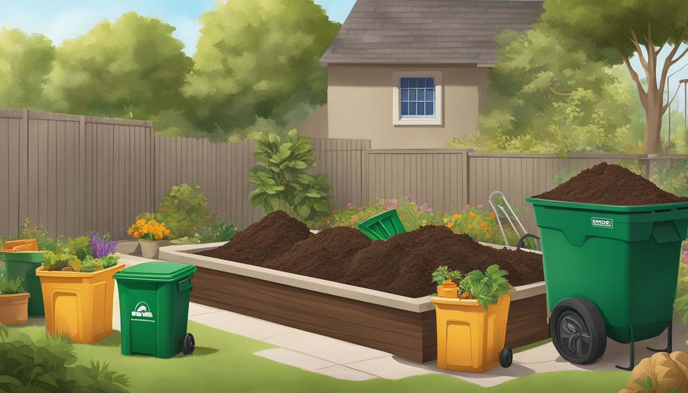 A backyard in Fontana, CA with a compost bin, garden tools, and a variety of organic waste being added to the pile