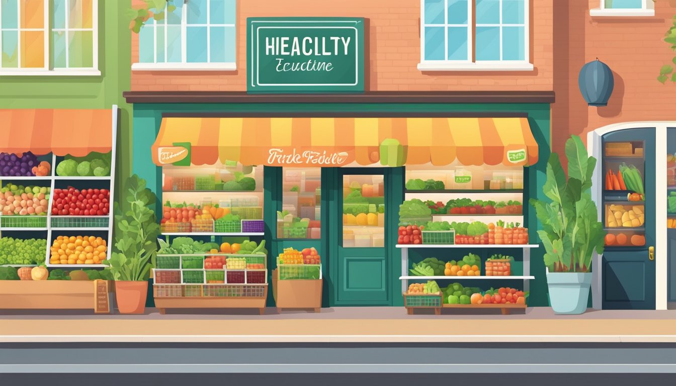 A colorful grocery store with fresh fruits and vegetables displayed prominently, alongside signs promoting healthy eating and affordable pricing